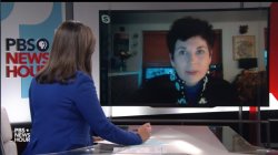 screengrab of Professor Elizabeth Wishnick being interviewed on PBS NewsHour. Host is in foreground looking at screen where Elizabeth is show via skype