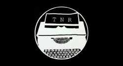 logo for The Normal Review. black background and graphic of a typewriter in a circle. the paper has the letters TNR