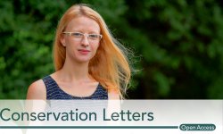 photo of Professor Cornti Borgerson standing outside. Greenery is behind her. Title and logo of Conservation Letters Journal is in lower third