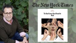 graphic element: photo of Mark Rotella on left, New York Times logo and screenshot of guest essay title on right