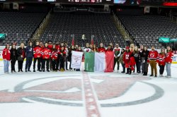Montclair students and faculty show their Italian pride at Prudential Center on Italian Heritage Night with the New Jersey Devils.