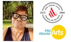 picture of woman on left looking at camera, wearing glasses with trees in background. logos for MidAtlantic Arts and NJ Council of the Arts on the right