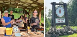 two images: on left, students helping to serve lunch at a summer camp. on right, the entrance sign for Stockbridge-Munsee Band of Mohican Indians Reservation