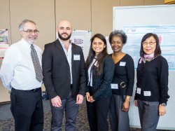 The award-winners are joined by their faculty advisors, from the left, Professor Marc Kasner, Balilli, Patel, Professor Sandra Adams and Professor Lee Lee.