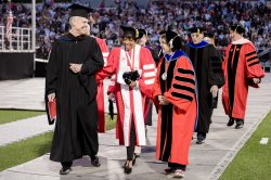 College of the Arts Dean Daniel Gurskis, Distinguished Alumna Award recipient Melba Moore '70, and President Susan Cole and the 2016 College of the Arts Convocation.
