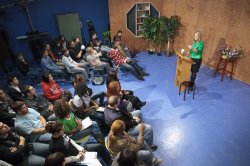 Deborah Norville answers a question from the audience at the master class.