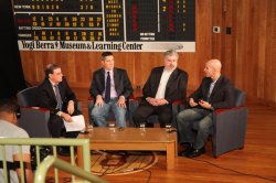 Broadcasting professor Marc Rosenweig moderates a panel of three sports broadcasting anchors, WCBS Radio's Gordon Damer, ESPN Radio's Don La Greca and Jared Max.