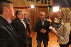 Broadcasting student and "The Montclarion" sports editor Kendall Zoppa interviewing panelists after the presentation.