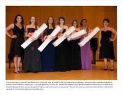  Co-hosts Jenna Rocca, left, and Tiffany Fattizzi, right, flank the finalists of the Third Annual Curtain Call Award. The head-to-head competition took place at Montclair State University on June 3. The participants were (left to right): Gabriella Will of Mount Laurel, Maria Servodidio from Moorestown, winner Annaliese Klenetsy of Edison, Antonia Kitsoupolis of Chatham, and Sarah Finnan from Cinnaminson. This year, the event was cohosted by Montclair State University's Department of Communication Studies and Opera New Jersey.