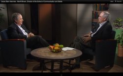 Left, Merrill Brown, director of the School of Communication and Media, is interviewed by Prof. Larry Londino for the season's first episode of "Carpe Diem." 