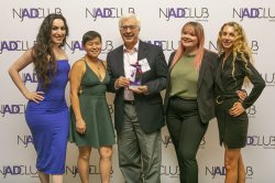 Larry Weiner (center) with his award-winning students (left to right) Joanna Zaccardi ’21, ZW Gleason ’21, Gabi Bartnik ’21 and Christina Giordano at the 53rd Annual Jersey Awards.