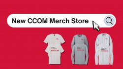 A graphic with a red background featuring three rows of two t-shirts and sweatshirts.