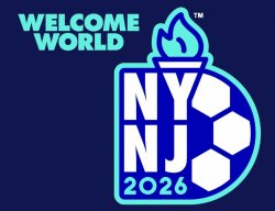 A logo with a dark blue background that says "Welcome World" with a logo that looks like a soccer ball with the flame of the statue of liberty at the top and the words NY NJ 2026"