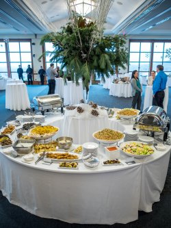 an array of foods on buffet table