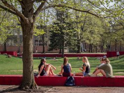 A few students sitting on the edge of the quad on a sunny day