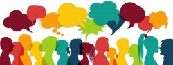 Crowd talking. Group of multi-ethnic and multicultural people who speak. Communication between multiracial people. Colored profile silhouette. Communicate social networks. Speaking. Speech bubble
