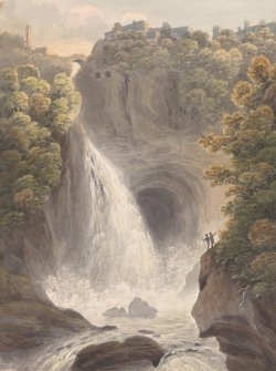 Watercolor scene of two hikers observing a waterfall and cave opening