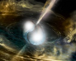 Rendering of neutron stars orbiting and colliding