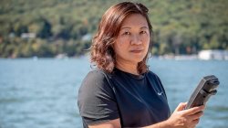 Meiyin Wu collecting data and samples at a nearby lake