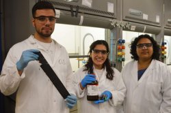 Dr. Sarkar and her students in the lab with batteries