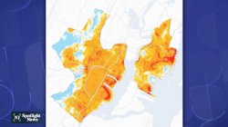 map of heat islands in New Jersey; Jersey City, Newark and Elizabeth