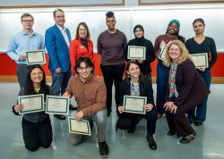 STEM Summit student participants with their awards and judges, group photo