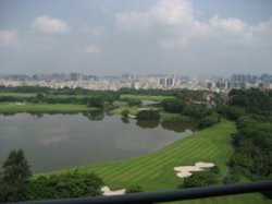 Aerial view of lake and skyline