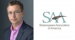 Headshot photo of professor Adam Rzepka with logo for the Shakespeare Association of America with a white background to the left.