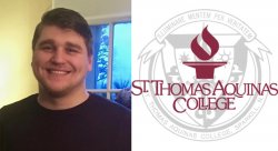 Student John Jenkins is pictured wearing black shirt and a smiling. Logo of St. Thomas Aquinas College is to the right with a white background