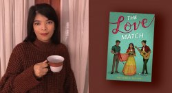photo of alumna and author Priyanka Taslim on left holding a tea cup. a graphic of the cover of her debut novel, The Love Game is on the right