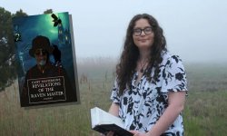 photo of author Casey Masterson in a foggy field holding a book. On the left, is an image of her book cover