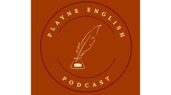 logo for the Playne English podcast. Brown background, wtih title in a circle around a drawing of a quill pen