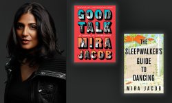 headshot of Mira Jacob on left with two of her book covers in a graphic element on the right