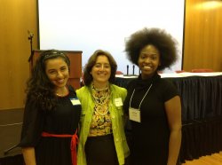 Students Ashley Zahabian (left) and Kristen Johnson (right) pose with Liz Hogan, co-president of 85 Broads Northern New Jersey Chapter and a member of the Feliciano Center for Entrepreneurship advisory board.