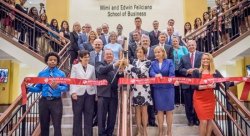 Front row, second from left, Montclair State University President Susan A. Cole, Edwin Feliciano, Mimi Feliciano and New Jersey Lt. Governor Kim Guadagno.