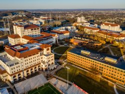 Aerial photo of campus at sunset