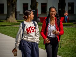 Two students walking down path on sunny day