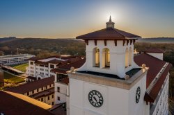 Aerial photo of the University Hall bell tower looking south west.