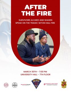 Fire Safety event on March 30, 2023, with two Seton Hall fire survivors.