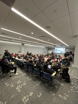 Fire Safety personnel conducting training for 150 Greek Life students in Dickson Hall.