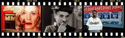 Collage film strip-style image including video stills from the films: All About My Mother, City Lights with Charlie Chaplain, and Do the Right Thing.