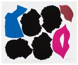 Various shapes against a white background including black silhouettes of a head repeated, a magenta lip, a maroon lip, and a blue silhouette of a head, all arranged closely together but not touching.