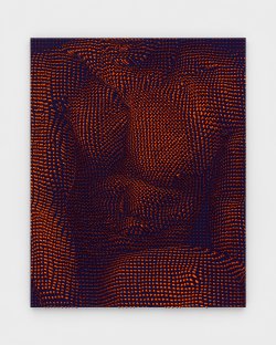 A dark purple and orange painting stylized to mimic digital pixels featuring a male torso.