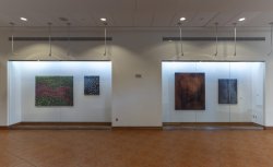 Installation view of works by artist Joseph Parra behind glass in the Kasser Theater lobby.