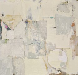 An abstract painting containing squares, circles, and rectangles in neutral colors.