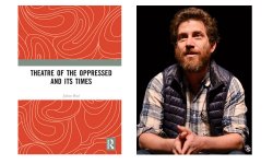 a graphic element. the cover of author Julian Boal's book, "Theatre of the Oppressed and Its Times" is on left and a picture of the author is on the right