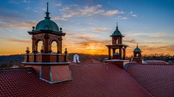 Photo of rooftops of Montclair State University at twillight