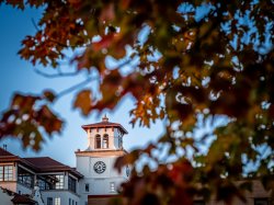 Aerial Shot of University Hall Clock Tower in Fall