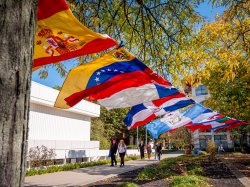 Cultural flags hang in the wind during Hispanic Heritage Month's Celebratory Block Party event.