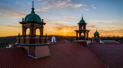 aerial view of Cole Hall roof at sunset